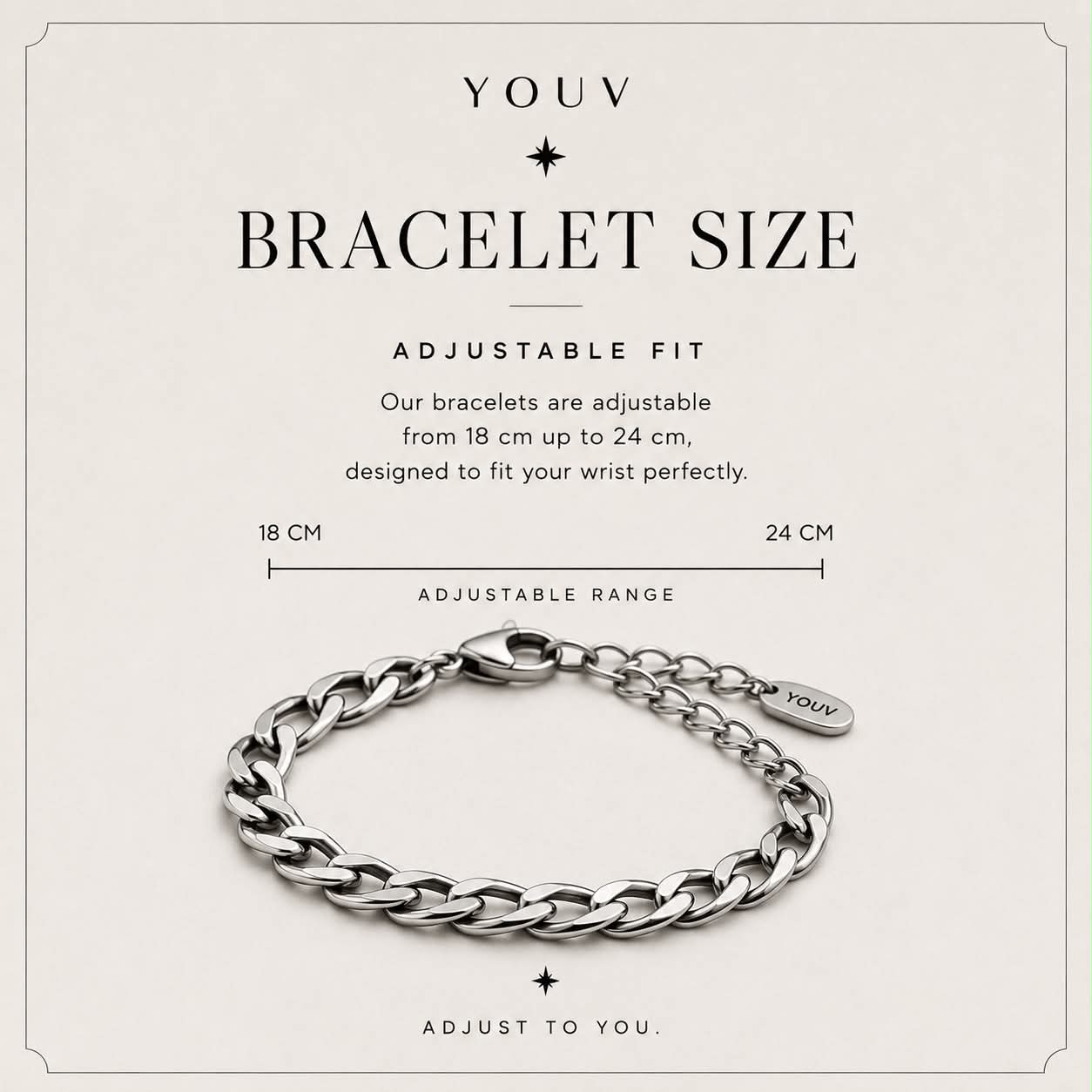 Bracelet size chart - adjustable 18cm to 24cm